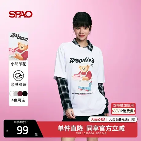 SPAO韩国同款2025年夏季新品卡通印花短袖宽松小熊短袖T恤情侣款图片