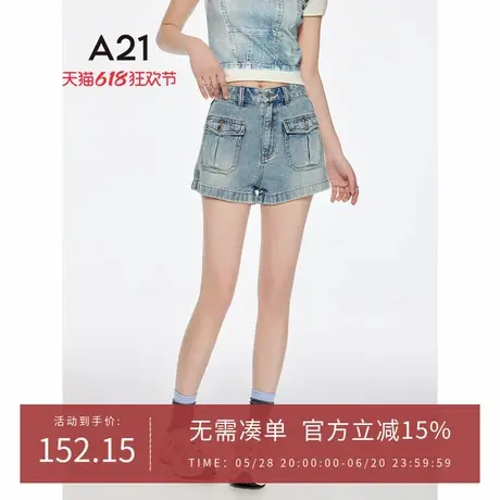 A21女装天蓝多口袋工装牛仔短裤2025夏季新款简约百搭显瘦直筒裤商品大图