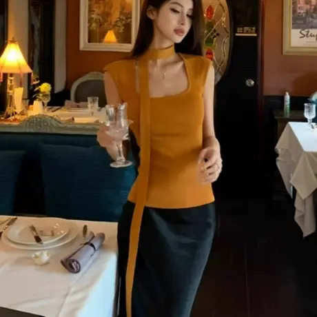 方领冰丝针织短袖T恤女夏季设计感小众独特漂亮别致修身辣妹上衣商品大图