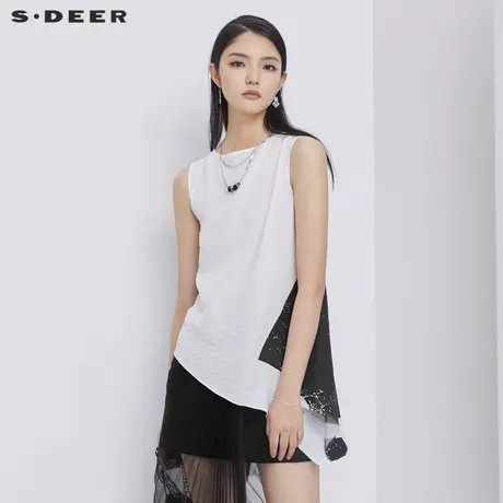 sdeer圣迪奥女夏装方领撞色印花不规则无袖背心S21280605图片