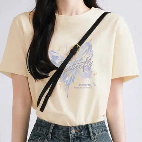 KWV真维斯纯棉短袖T恤女2025夏季新款杏色显瘦上衣小众设计感半袖商品大图