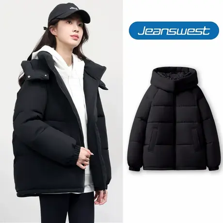 KV真维斯黑色棉服女2025年新款冬季保暖休闲运动连帽上衣拉链外套商品大图