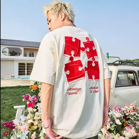 Nuthink美式复古重磅刺绣短袖T恤拼图嘻哈潮牌宽松男女2025夏新款图片