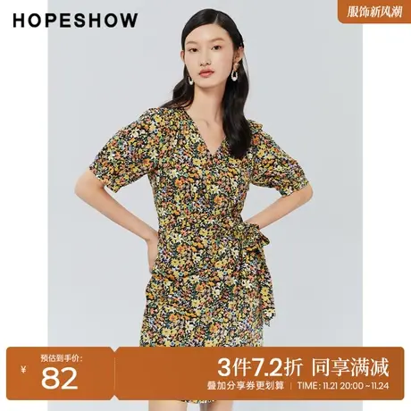 红袖outlets碎花V领不对称茶歇裙hopeshow2022秋季新款系带连衣裙商品大图