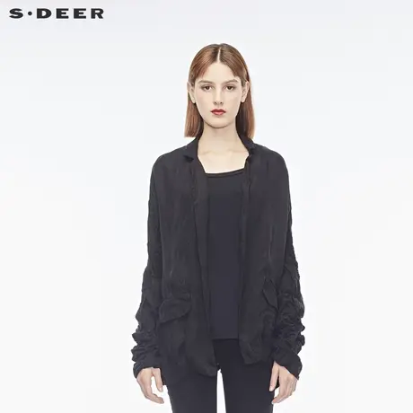 sdeer圣迪奥2018女装春装褶皱肌理开衫长袖纯色外套S18182210图片
