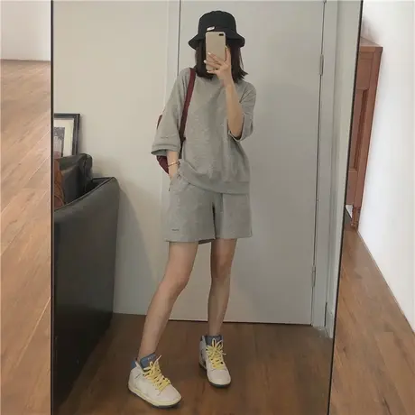 超火cec华夫格两件套女松紧腰阔腿短裤短袖T恤夏装宽松休闲套装潮图片