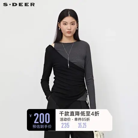 sdeer圣迪奥女装圆领露肩撞色系带长袖T恤S23180204图片