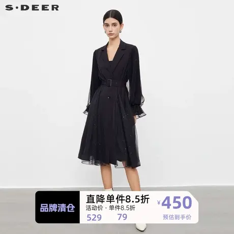 sdeer圣迪奥女装西装领收腰网纱喇叭袖长款风衣S233Z1801图片