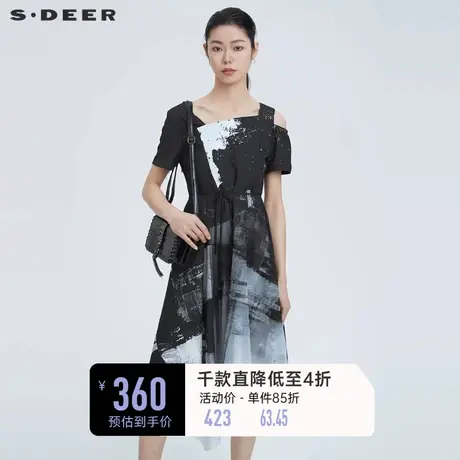 sdeer圣迪奥女装连衣裙不规则领露肩印花收腰短袖连衣裙S22281257图片