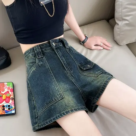 复古工装牛仔短裤女夏季薄款高腰宽松a字大口袋小个子阔腿热裤潮商品大图
