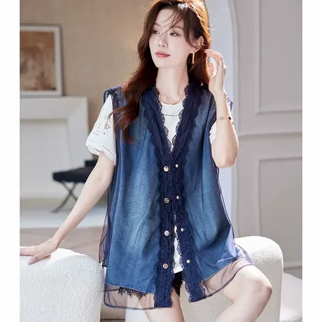 宝诗黎刺绣网纱拼接牛仔马甲2025夏季韩系洋气设计感宽松大码外套图片