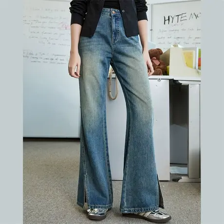 a02复古高腰美式开叉喇叭裤2025春季宽松休闲女式牛仔裤商品大图