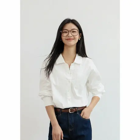 弥古白色纯棉衬衫女上衣春款高级感职业通勤长袖宽松法式衬衣外套商品大图