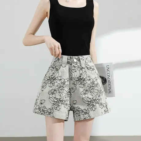 提花国风牛仔短裤女夏季薄款高腰宽松显瘦灰色百搭a字阔腿热裤潮商品大图