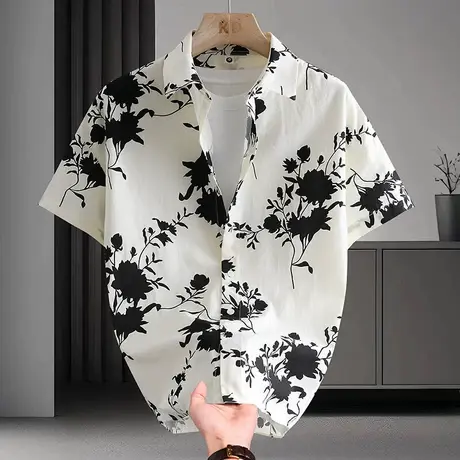 纯棉短袖花衬衫男士夏季新款潮流高级感青年衬衣半袖加肥加大上衣商品大图