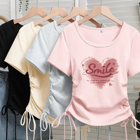 NOB真维斯u领抽绳短袖t恤女2025新款夏季正肩小个子修身半袖上衣商品大图