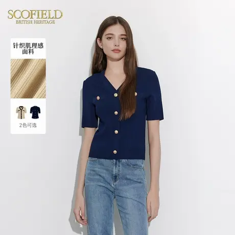 Scofield女装慵懒风毛针织衫撞色针织V领短袖毛衣夏季上衣商品大图