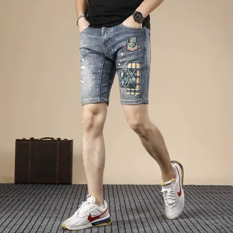 夏季薄款个性破洞补丁牛仔短裤男潮牌中裤5分裤男士修身五分裤潮图片