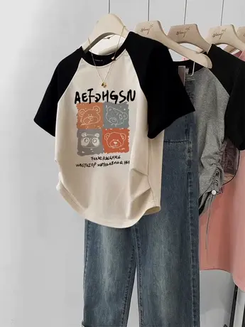 美式甜辣风胖mm显瘦设计感上衣ins潮夏季复古插肩袖修身短袖T恤女图片