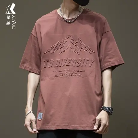 希越美式设计感短袖T恤男夏季宽松大码纯棉钢印打底男士圆领上衣图片