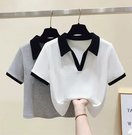 2024夏季新款修身别致设计感小众短款上衣学院风polo领短袖t恤女图片