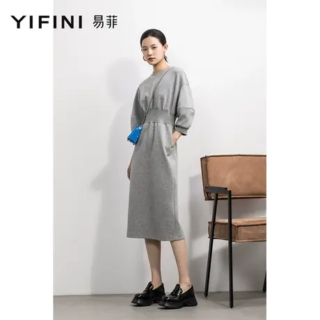 Yifini/易菲收腰圆领七分袖连衣裙女春秋新款落肩宽松一步裙商品大图