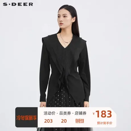 sdeer圣迪奥女装简约V领网纱拼接长袖衬衫S223Z0576💇商品大图