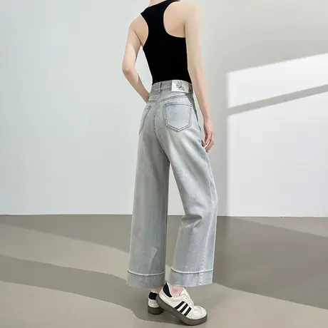复古渐变灰色直筒九分牛仔裤女夏季薄款高腰宽松显瘦小个子阔腿裤商品大图