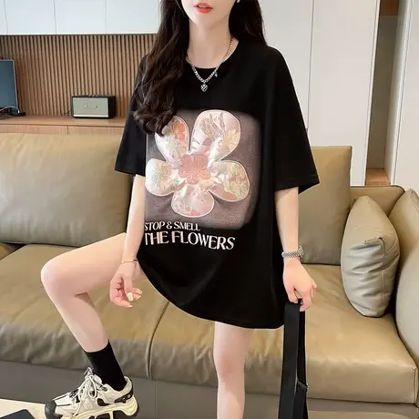 花朵渐变色短袖t恤女夏季韩版宽松大码女装中长款设计感小众上衣商品大图