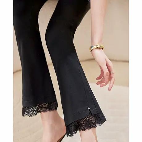 宝诗黎蕾丝拼接黑色微喇牛仔裤2025春季显瘦百搭休闲大码休闲裤女图片