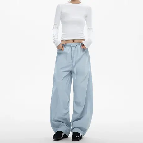 美式抽褶宽松直筒休闲裤女2025夏季新款百搭伞兵运动阔腿薄款长裤商品大图