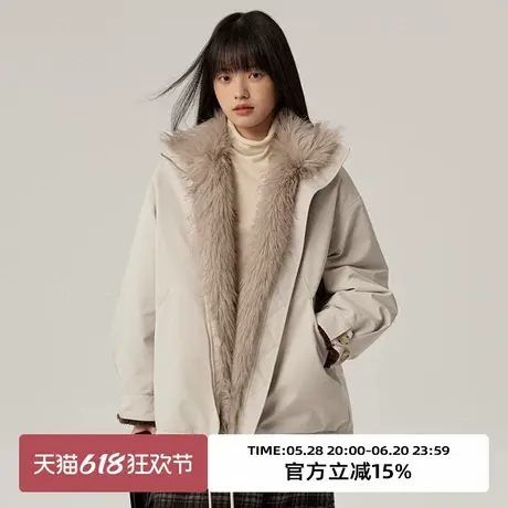 omont蛋挞家环保皮草双面穿棉服2025春季宽松保暖毛毛外套派克服图片