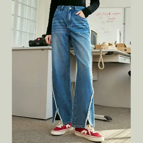 a02毛边开叉高腰百搭阔腿裤2025夏季休闲宽松女式牛仔裤商品大图