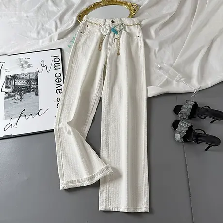 高级感白色提花高腰牛仔裤女韩系春夏款显瘦百搭窄版直筒裤配腰链商品大图