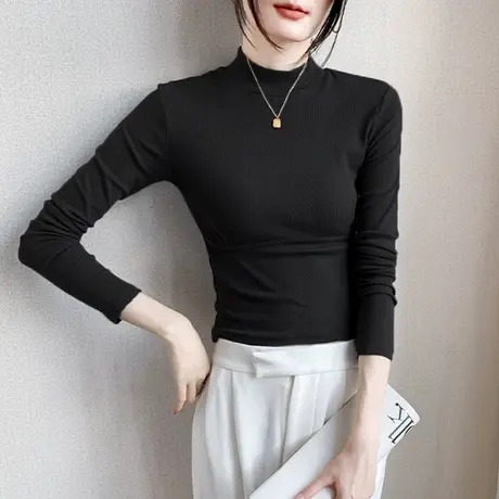半高领鱼骨长袖T恤女2025春季新款ins修身正肩上衣西装内搭打底衫图片
