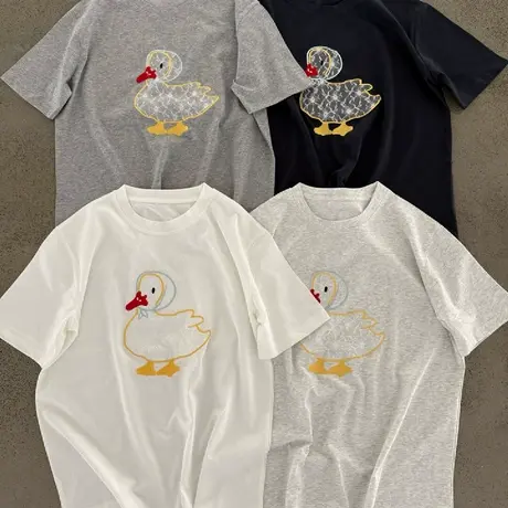 韩国2025夏季新款卡通刺绣蕾丝小鸭子短袖T恤女宽松休闲百搭上衣图片