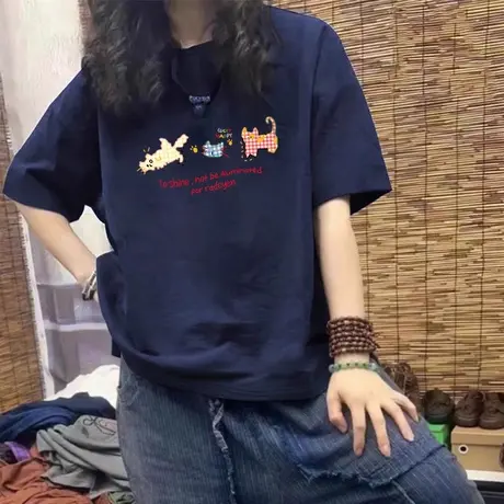 大码藏青色纯棉短袖t恤女夏季美式复古宽松慵懒松弛感半袖上衣ins商品大图