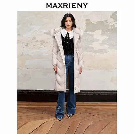 【奥莱】MAXRIENY貉子毛条领连帽羽绒服过膝长款外套商品大图