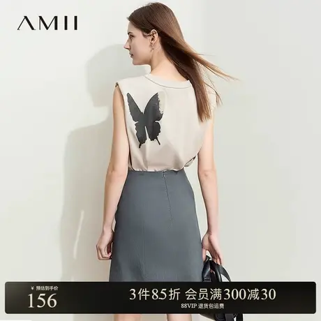 AMII【美式复古】2024夏纯棉圆领后背蝴蝶印花垫肩无袖女商品大图