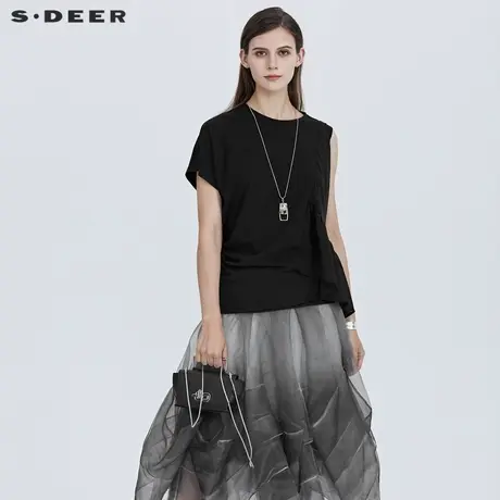 sdeer圣迪奥女夏装圆领不对称雪纺拼接短袖T恤S21280112图片