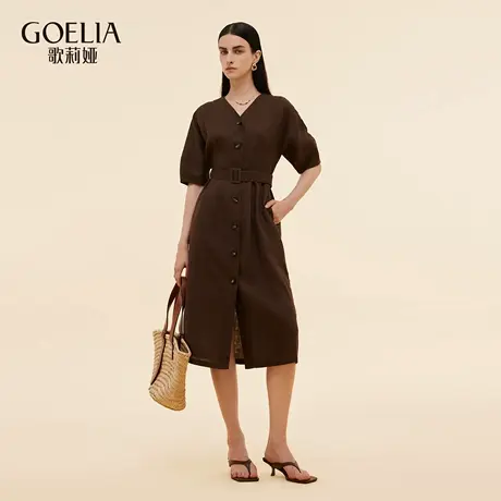 歌莉娅秋季新品全亚麻V领立体袖连衣裙（配腰带）1E8L4K510商品大图
