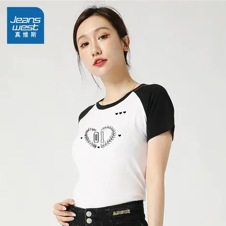 LV真维斯女装2025夏季新款 潮牌时尚韩版撞色女款纯棉短袖T恤商品大图