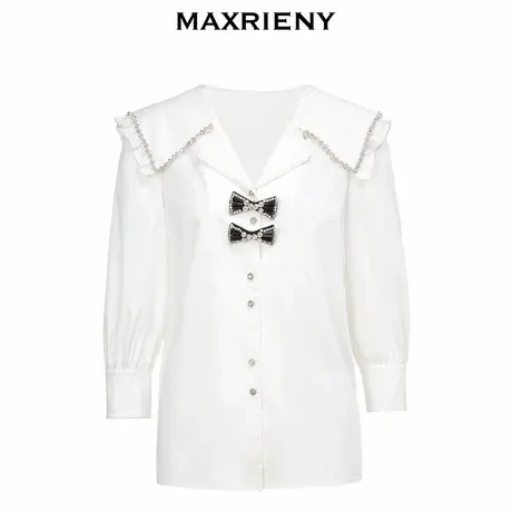 【奥莱】MAXRIENY七分袖蝴蝶结衬衣女夏设计感白衬衫宽松图片