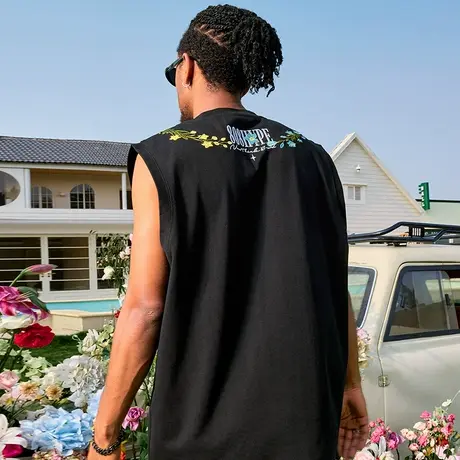 Nuthink美式复古潮牌花卉刺绣背心纯棉无袖短袖男女2025夏季新款图片