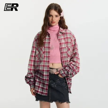 ER格纹渐变撞色长袖衬衫2025春秋学生潮牌情侣装日系复古格子衬衣商品大图