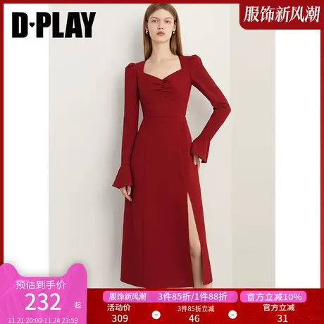 DPLAY冬法式复古果酱红宫廷领喇叭袖开衩敬酒服回门服订婚服图片