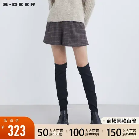 sdeer圣迪奥2021冬装新品英伦风撞色格纹插袋A字短裤女S21480911图片