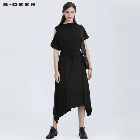 sdeer圣迪奥夏一字领拼接收腰不规则短袖连衣裙S21261205图片