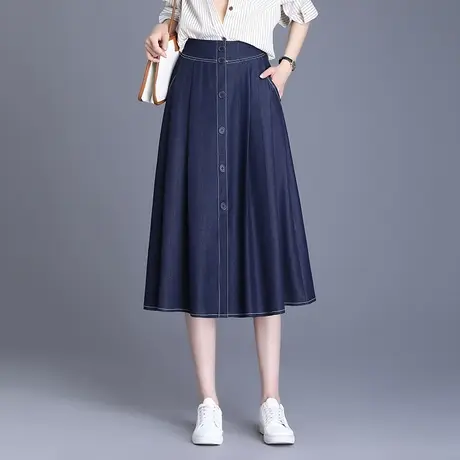 蓝色垂感牛仔裙女春秋2025新款高腰显瘦a字半身裙中长休闲百褶裙图片