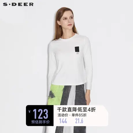 sdeer圣迪奥女装春装时尚圆领撞色印花白色长袖T恤S21380205图片